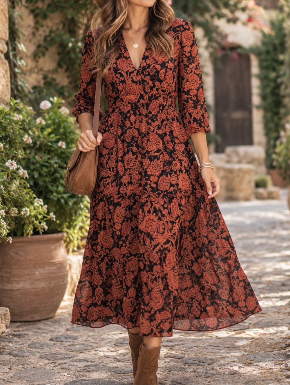 Ba&sh Black Rust Floral A-Line Midi Dress Viscose Boho As Seen on TV Romantic